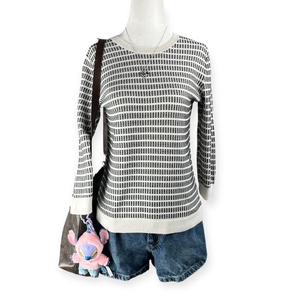 J. Crew Factory Sweaters - J Crew Factory Dot Dash Pullover Womens Small White Black 3/4 Sleeve Preppy Twee